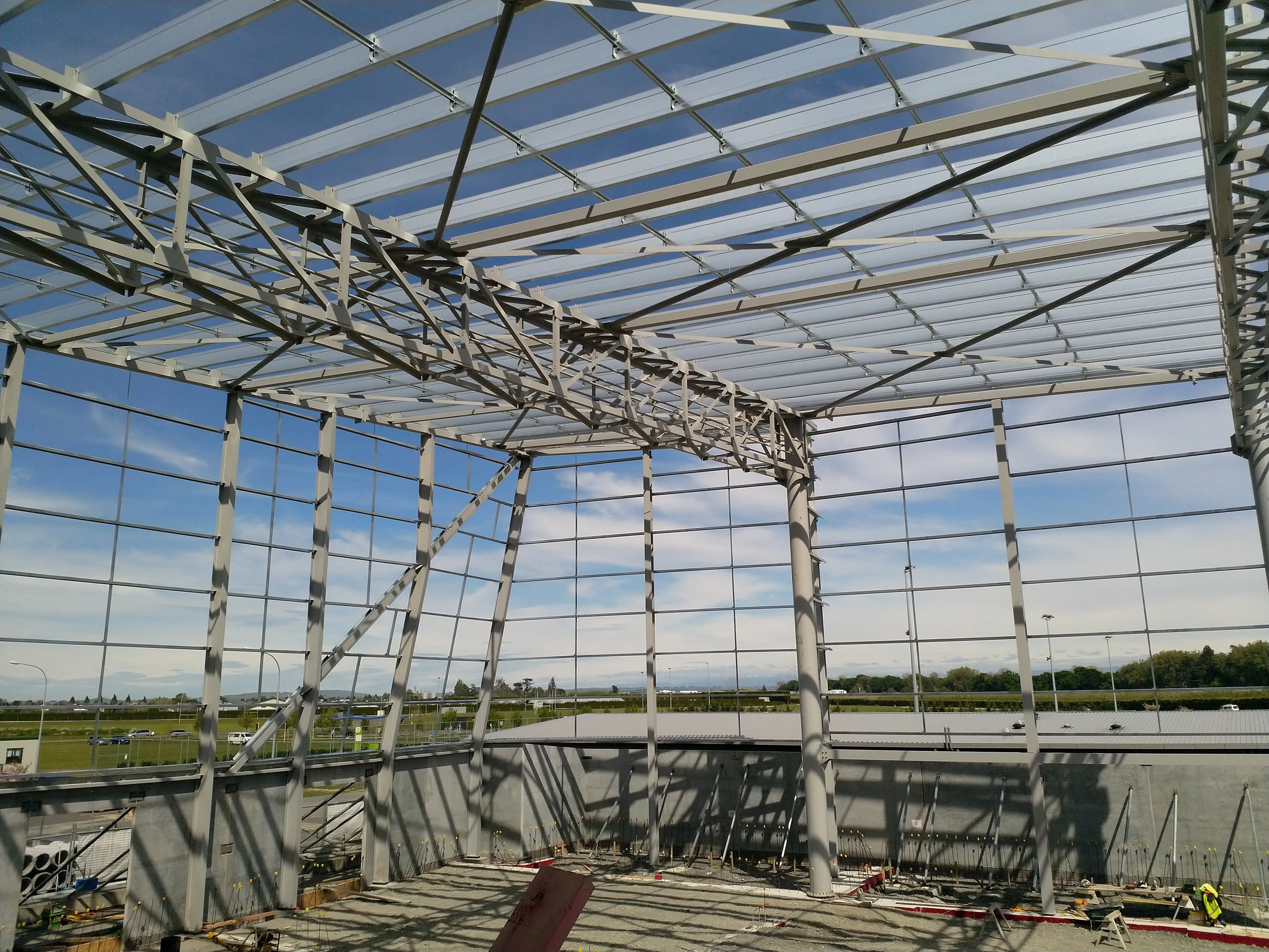 Interior sports hall with clear span steel portal frame construction EIT Sports Park Hawkes Bay structural engineering